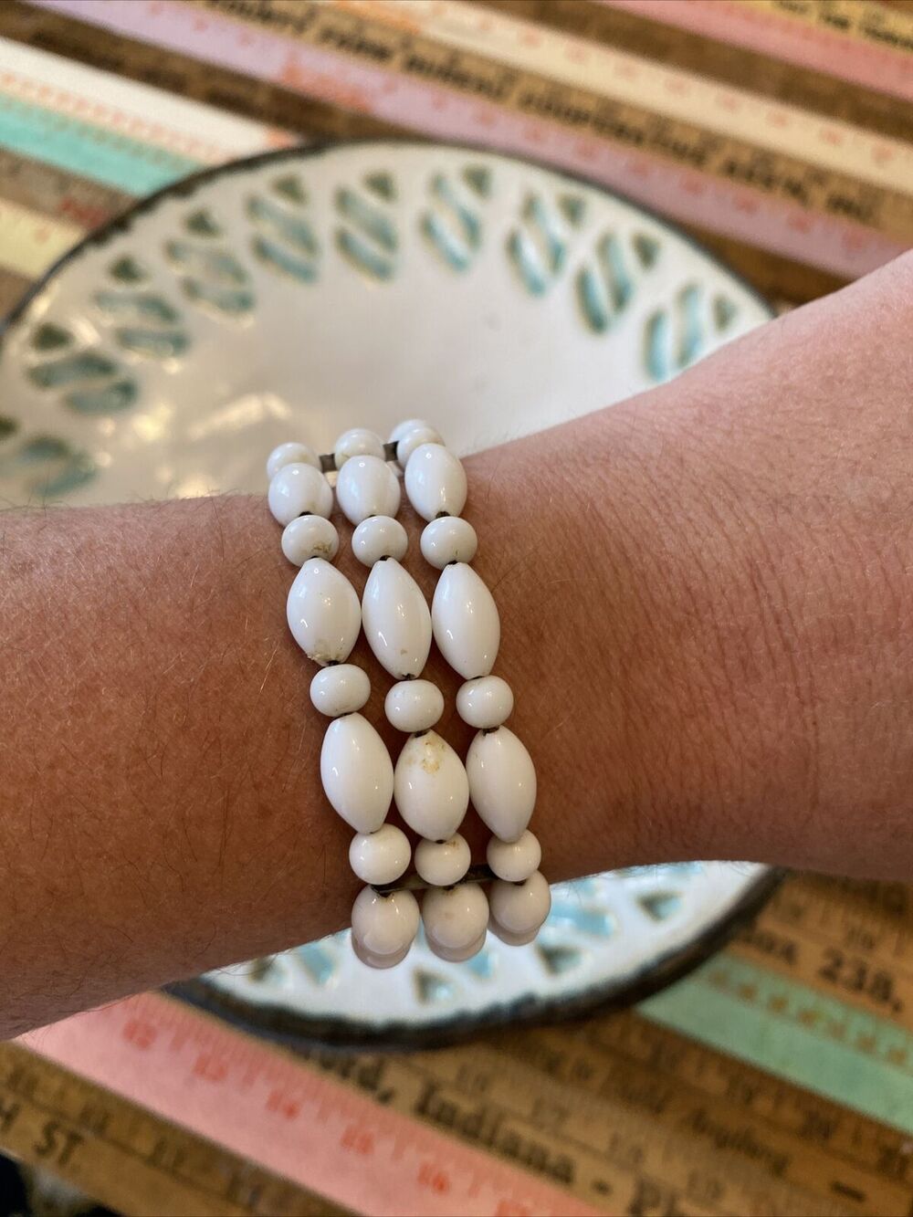 Vintage BEADED Open Cuff Bracelet White MILK Glass Beaded Wire Cuff Stretch